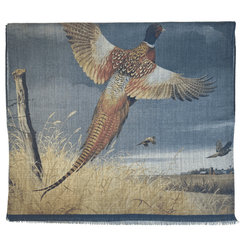 Portia <br> Pheasants Wool Scarf Blue